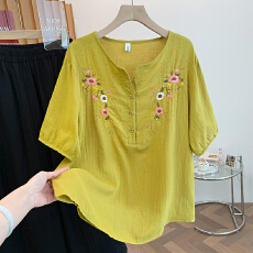 批发实拍 <b class='q'>大码</b>双层棉纱五分袖衬衫女夏宽松显瘦刺绣纯棉V领衬衫上衣