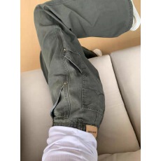 批发军绿色春季工装裤宽松直筒<b class='q'>牛仔</b>裤女复古高腰显瘦垂感拖地阔腿裤子