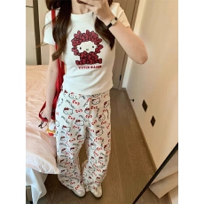 批发卡通可爱kitty猫咪满印阔腿牛仔<b class='q'>裤</b>女春夏新款慵懒风宽松拖地<b class='q'>裤</b>子