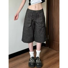 批发美式复古豹纹牛仔短裤女2026夏季高街直筒宽松显瘦阔腿七分裤中裤