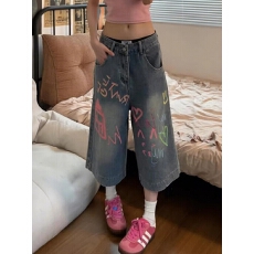 批发复古高级感涂鸦设计牛仔七分裤女夏季新款高街小众宽松阔腿中裤潮