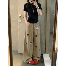 批发美拉德穿搭卡其色刺绣牛仔裤女春<b class='q'>夏</b>新款设计感高腰宽松直筒阔腿裤