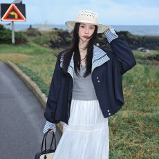批发撞色格子假两件夹克上衣女秋季2025新款美式甜酷风翻领外套