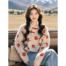 批发新中式国风小红花杏色毛衣女2025新款春软糯超好看内搭针织衫上衣