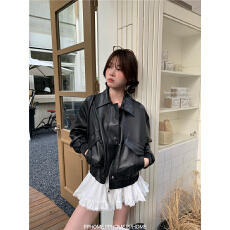 批发复古美式咖色皮衣夹克外套女早秋黑色甜酷风机车PU皮宽松长袖上衣