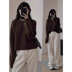 批发日系浣熊绒绿色软糯套头毛衣女春秋冬季慵懒风宽松<b class='q'>针织衫</b>短款上衣