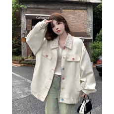 批发粉色小碎花翻领牛仔外套女秋季设计感彩色扣宽松百搭夹克上衣新款