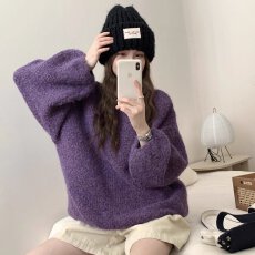 批发韩系毛衣女短款套头秋冬季外穿宽松慵懒风泡泡袖亮丝针织衫上衣