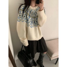 批发冬季2025新款<b class='q'>女童</b>洋气圣诞<b class='q'>新年</b>提花费尔岛红色套头<b class='q'>毛衣</b>