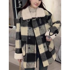 批发加棉加厚格子拼接韩系显瘦毛呢<b class='q'>外套</b>2024新款冬季大码胖MM遮肉<b class='q'>大衣</b>