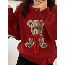 批发韩系圆领系带小熊提花套头毛衣女2024秋冬新款宽松甜美<b class='q'>针织衫</b>上衣