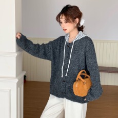 秋冬韩系拼接条纹连帽毛绒绒针织衫保暖毛衣外套