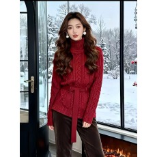 批发圣诞新年穿搭红色麻花收腰<b class='q'>高领</b><b class='q'>毛衣</b>女秋冬宽松慵懒内搭打底针织衫