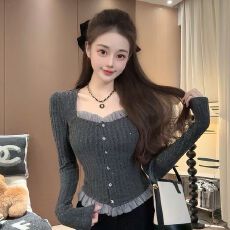 批发2025新款大码女装时尚方领百搭修身显瘦打底衫花边领别致上衣