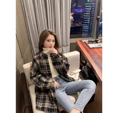 批发美式复古慵懒黑色磨毛<b class='q'>格子</b>衬衫外套女秋冬款宽松百搭中长款衬衣