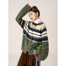 批发日系灰色长袖条纹毛衣外套女冬季新款宽松显瘦休闲针织开衫上衣潮