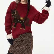 薛之谦同款韩式可爱风卡通马上有钱花红色圆领宽松女秋冬慵懒毛衣