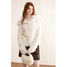 批发韩女千金 羊毛狐狸毛大翻领<b class='q'>毛衣</b>针织衫女海军领<b class='q'>短款</b>外套25新