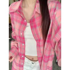 批发粉色格子衬衫女春<b class='q'>秋</b>季2025韩版多巴胺宽松休闲百搭长袖衬衣外套