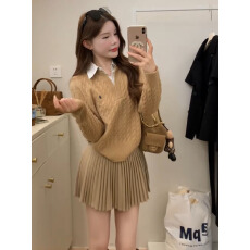 欧洲站2025秋冬新款韩系Polo领长袖拼接假两件针织衫上衣毛衣女潮