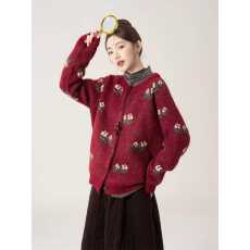 批发红色田园风花朵<b class='q'>圆领</b>毛衣外套女春季新款宽松软糯加厚<b class='q'>针织</b><b class='q'>开衫</b>上衣