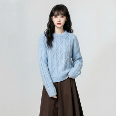 批发2025年冬季时尚慵懒风<b class='q'>宽松</b>麻花圆领外穿针织<b class='q'>毛衣</b>女