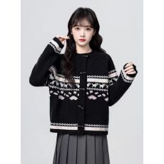 批发黑色费尔岛毛衣开衫外套女春秋2025秋季新款牛角扣提花<b class='q'>针织</b>衫<b class='q'>上衣</b>