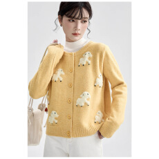 批发11支优越羊羔绒」小羊提花！黄色毛衣开衫女冬高级针织上衣