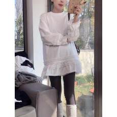 批发官图实价羊毛绒磨毛加厚蕾丝拼接中长款新款宽松百搭显瘦打底衫