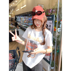 批发2026新款韩系纯棉白色短袖女t恤正肩卡通印花春夏新款显瘦上衣