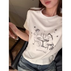 批发时髦小马~<b class='q'>可爱</b>趣味印花圆领短袖女宽松慵懒休闲短款T恤上衣