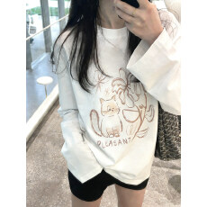 批发韩系小猫创意印花长袖t恤女春季新款圆领内搭宽松<b class='q'>打底衫</b>上衣