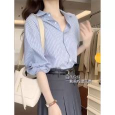 批发高级感蓝色竖<b class='q'>条纹</b>衬衫女春秋新款配<b class='q'>半身裙</b>气质职业衬衣法式上衣