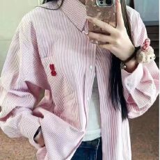 批发2026新款春夏美式粉色长袖条纹衬衫漩涡兔情侣衬衣外套