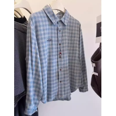 批发早春季内搭蓝灰色格子磨毛刺绣字母衬衫休闲百搭上衣女衬衣高级感