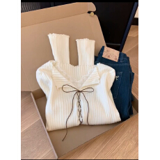 批发法式v领蕾丝花边绑带针织衫女秋季新款韩系chic修身长袖上衣