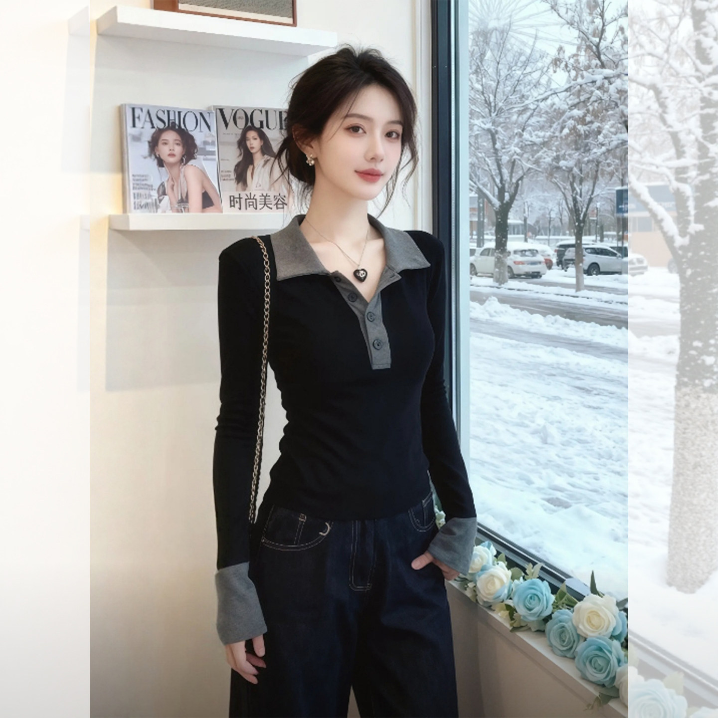 블랙 회색 POLO 칼라 몸매 가꾸기 인사이드 가져 가라. 긴팔 티셔츠 여성 2026 새로운 조기 봄 수 있습니다. 외출용 고급 센스 맨위