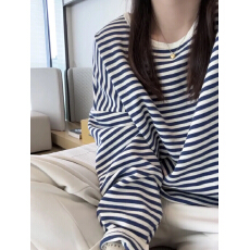 韩系蓝白条纹圆领卫衣女早秋季港风chic松弛感慵懒风宽松长袖上衣