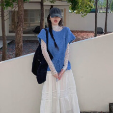 批发温柔慵懒风蓝色韩系软糯上衣坎肩叠穿针织衫<b class='q'>背心</b>马甲套头<b class='q'>毛衣</b>女春