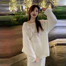 批发法式重工镂空钩花露肩毛衣女秋<b class='q'>冬</b>季新款慵懒风宽松显瘦针织衫上衣