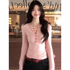 批发韩系<b class='q'>甜美</b>粉色V领长袖针织衫女早春2026修身内搭打底衫巨好看上衣