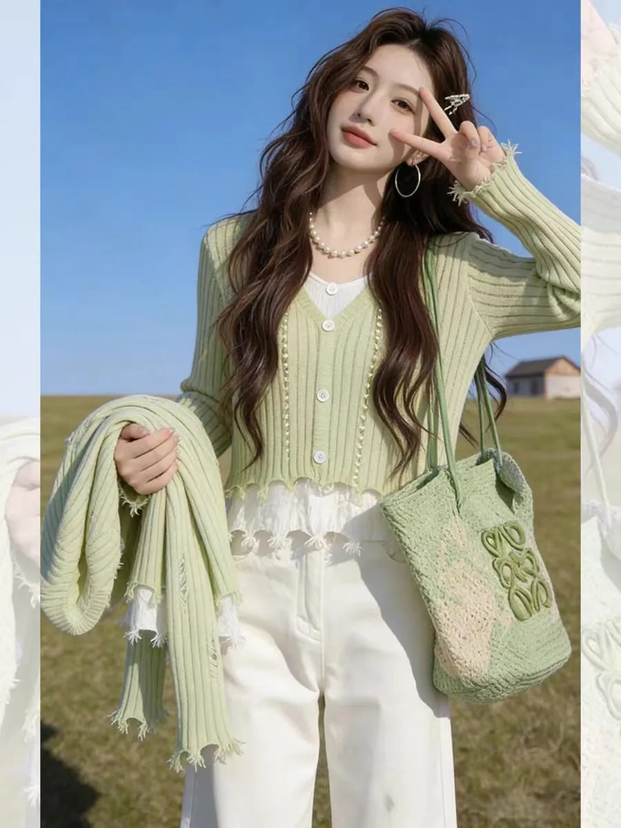 绿色假两件修身内搭打底针织衫女2026春季巨好看慵懒松弛绝美上衣