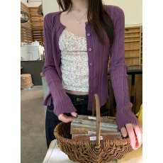 批发宋正恩紫色针织<b class='q'>开衫</b>女早春新款韩系修身短款百搭时尚辣妹上衣外套