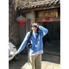 批发波点蓝色开衫毛衣外套女<b class='q'>春秋</b>季法式复古慵懒风高级感上衣宽松百搭