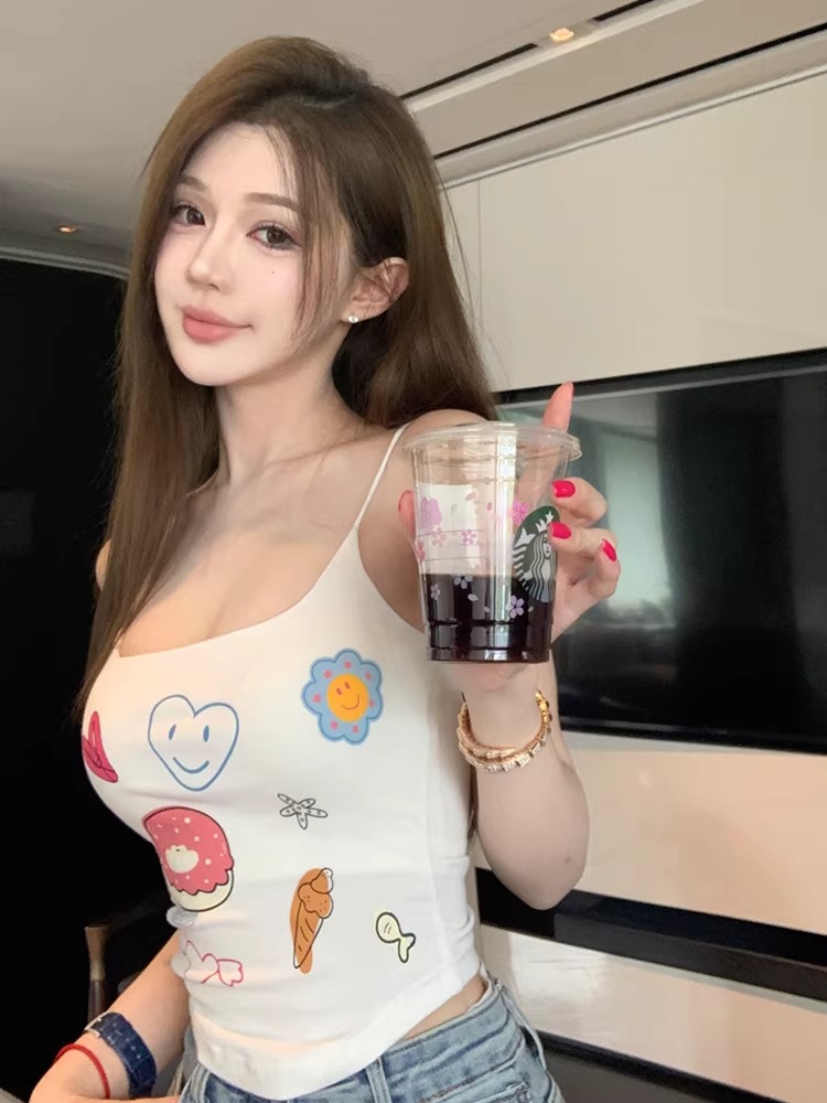 화이트 순수한 색 욕망 벨트 가슴 패드 인사이드 가져 가라. 캐미솔 인사이드 가져 가라. 여름 외출용 섹시함 핫걸 쇼트 스타일 프린트 맨위