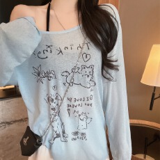 批发慵懒风小众趣味印花斜肩春秋长袖T恤女夏日露肩<b class='q'>休闲</b>薄纱防晒上衣