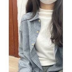 批发复古蓝色格子磨毛衬衫女2026春秋慵懒棉质长袖衬衣设计感外套上衣