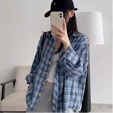 批发美式<b class='q'>街头</b>秋冬季休闲宽松设计感小众蓝色格纹长袖衬衫防晒上衣外穿