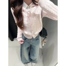 批发2026春季新款女装休闲<b class='q'>糖果</b>甜美粉<b class='q'>色</b>翻领针织衫<b class='q'>开衫</b>上衣