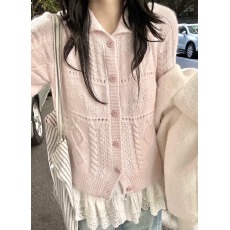 批发2026春季新款女装休闲<b class='q'>糖果</b>甜美粉<b class='q'>色</b>翻领针织衫<b class='q'>开衫</b>上衣